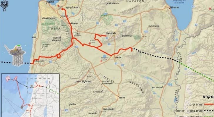 خارطة نشرتها وسائل إعلام إسرائيلية لطريق نقل الغاز للأردن 