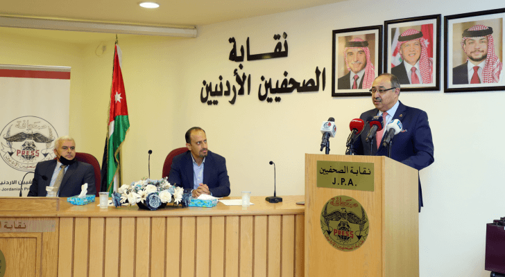 وزير الدولة لشؤون الإعلام الناطق الرسمي باسم الحكومة صخر دودين يتحدث في نقابة الصحفيين