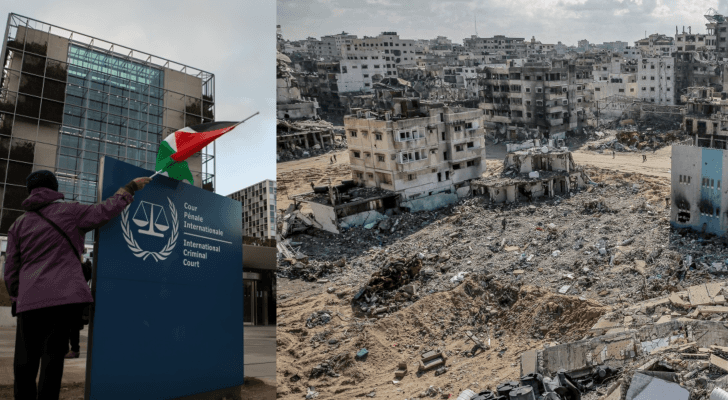 آثار الدمار في غزة يمينا، والمحكمة الجنائية الدولية يسارا
