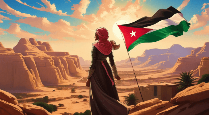 امرأة أردنية تناظر جبال واد رم وخلفها يرفرف العلم الأردني - تعبيرية