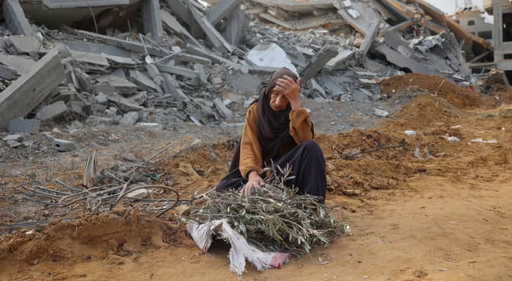 مسنة في قطاع غزة تمسك أغصانا من شجر الزيتون وجلس أرضا