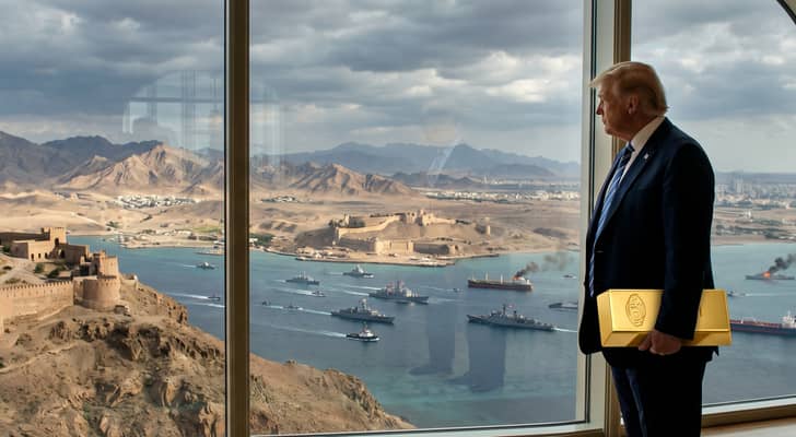 الرئيس الأمريكي دونالد ترمب ممسك بسبيكة ذهبية