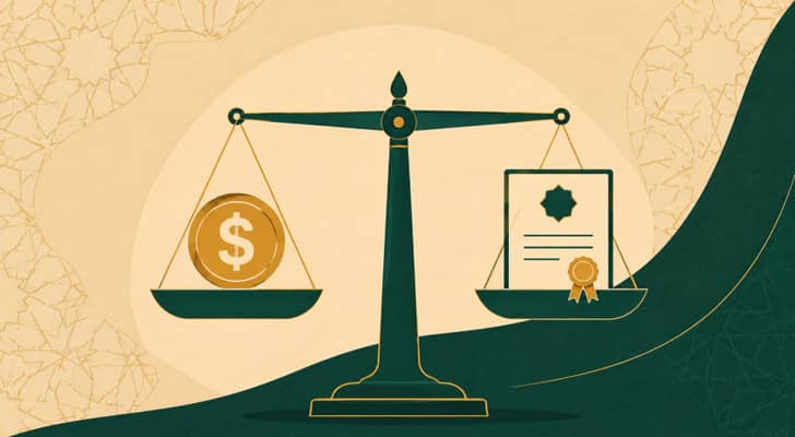 ALT TEXT: رسم متجه مسطح لميزان يوازن بين رمز عملة وشهادة ترخيص