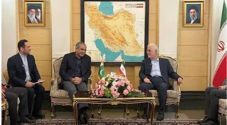 وزير الداخلية الباكستاني محسن نقوي خلال مباحثاته مع نظيره الإيراني إسكندر مؤمني في طهران
